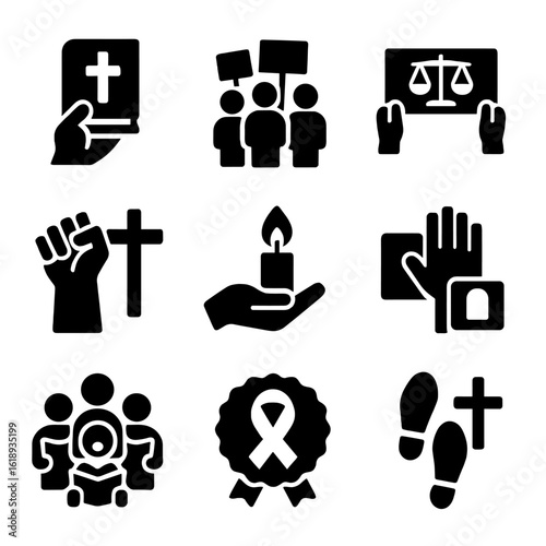 Spiritual Protest Icons. Solid, filled icon set of spiritual protest and advocacy: scripture in hand, marching crowd, justice