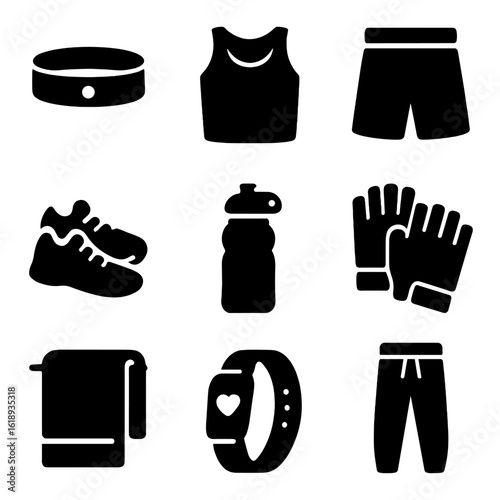 Sports Gear Icons. Solid, filled icon set of sports and sweat gear: headband, sports shirt, gym shorts, sweatpants, running shoes,