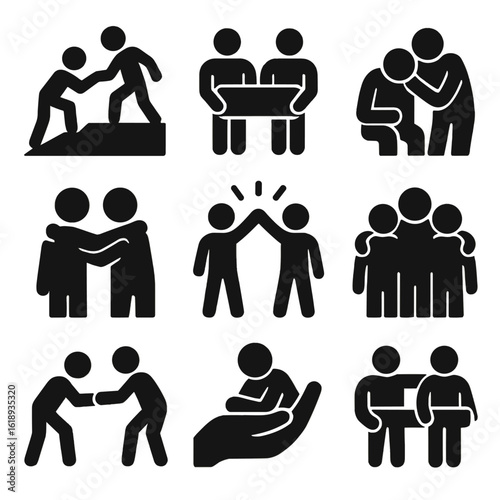 Mutual Support Icons. Solid, filled icon set of mutual support: lifting each other up, shared responsibility, comforting presence,