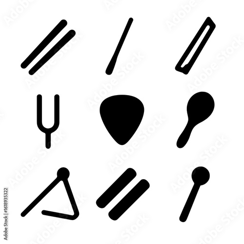 Musical Instrument Icons. Solid, filled icon set of musical sticks and tools: drumstick, conductor baton, violin bow, tuning fork,