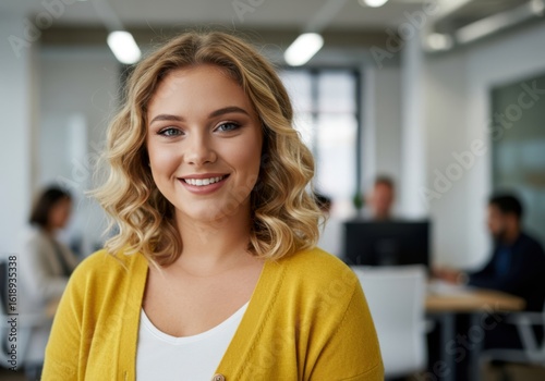 Smiling young professional woman with blonde curly hair wearing a yellow cardigan in a modern office setting Free Download Smiling young professional woman with blonde curly hair wearing a yellow cardigan in a modern office setting - GFXLoad