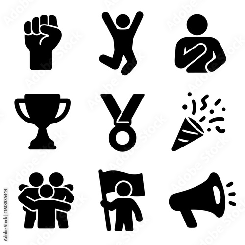 Sports Celebration Icons. Solid, filled icon set of Sports celebration gestures: fist pump, jump in air, chest pound, trophy raise