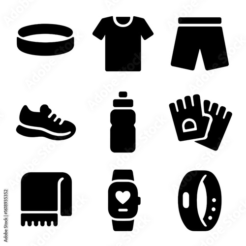 Sports Gear Icons. Solid, filled icon set of sports and sweat gear: headband, sports shirt, gym shorts, sweatpants, running shoes,