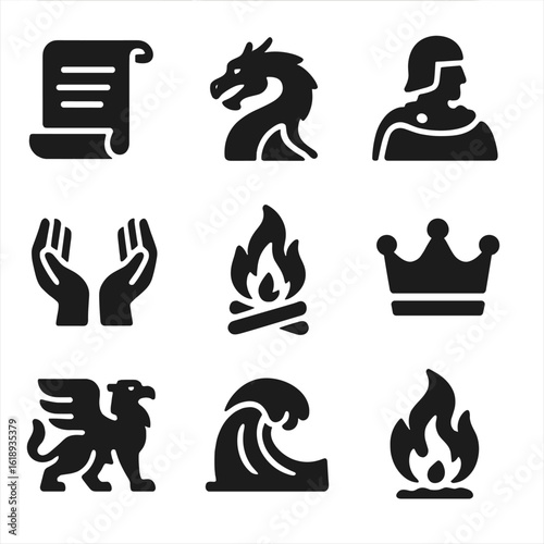Mythical Icons Collection. Solid, filled icons set of myth and legend transmission: myth scroll, dragon tale,
