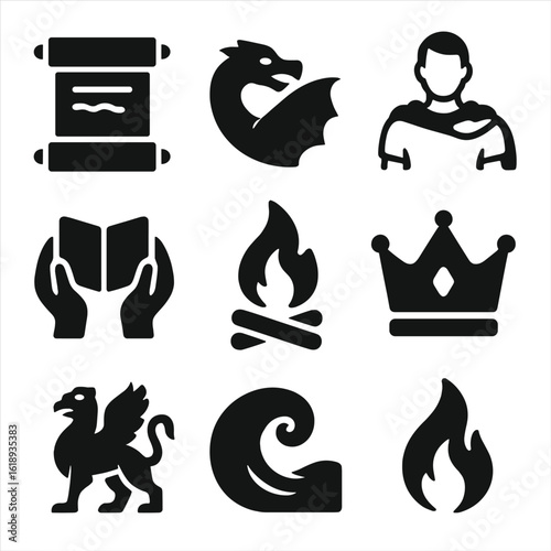 Mythical Icons Collection. Solid, filled icons set of myth and legend transmission: myth scroll, dragon tale,