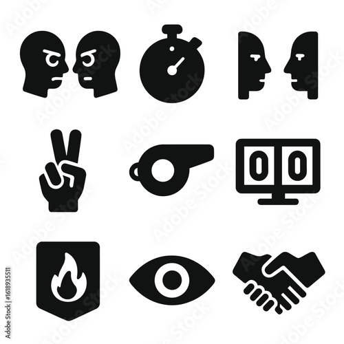Staring Game Icons. Solid, filled icon set of stare challenges and games: staring contest, timer, face-off, victory hand, referee