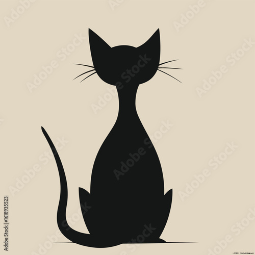 Vector illustration of a sleek black cat silhouette sitting gracefully with its tail curled and ears perked up