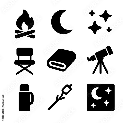 Starry Night Icons. Solid, filled icon set of sitting outside under the stars on a clear night: campfire, moon crescent, star