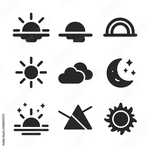 Natural Light Icons. Solid, filled icons set of natural light phenomena: sunrise, sunset, rainbow arc, sun