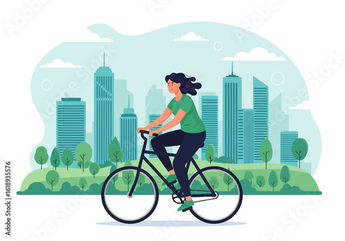 Woman cycling through a green city park with skyscrapers