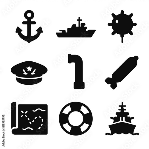 Naval Warfare Icons. Solid, filled icons set of naval battles: anchor icon, warship, naval mine, battleship