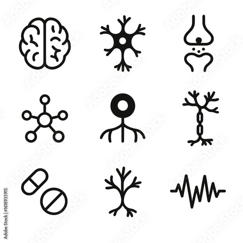 Neural Icon Grid. Solid, filled icon set of brain plasticity and neurogenesis: brain, neuron, synapse, neural network, stem cell,