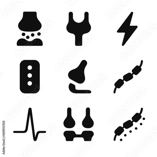 Neural Signaling Icons. Solid, filled icon set of neural signaling and communication: synaptic cleft, neurotransmitter release,