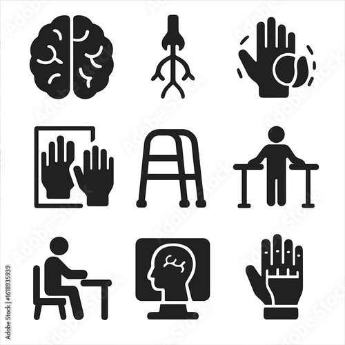 Neurological Rehab Icons. Solid, filled icons set of neurological rehabilitation: brain icon, nerve pathway,