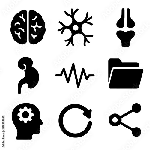 Neuroscience Memory Icons. Solid, filled icons set of neuroscience of memory retention: human brain, neuron