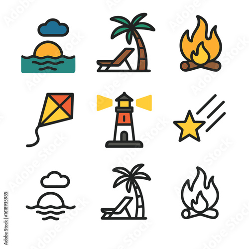 Sunset Icon Set. Solid, filled icon set of colorful sunset: sun dipping, cloud patch, ocean surf, palm shadow, beach chair,
