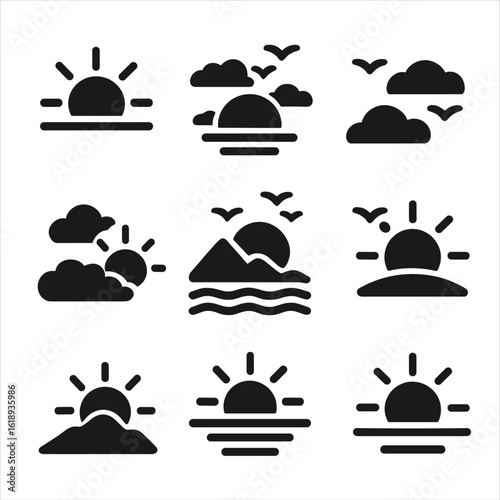 Sunrise Sunset Icons. Solid, filled icon set of sunrise and sunset moods: horizon, sun half visible, clouds, birds flying,