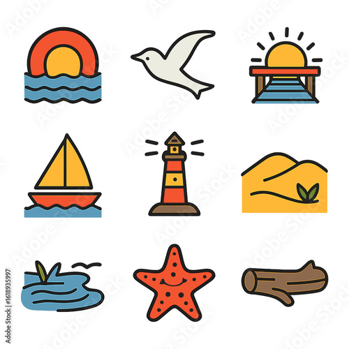 Sunset Icon Collection. Solid, filled icon set of colorful sunset: sun rays, seagull, pier, sailboat, lighthouse, sand dunes, tide