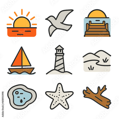 Sunset Icon Collection. Solid, filled icon set of colorful sunset: sun rays, seagull, pier, sailboat, lighthouse, sand dunes, tide