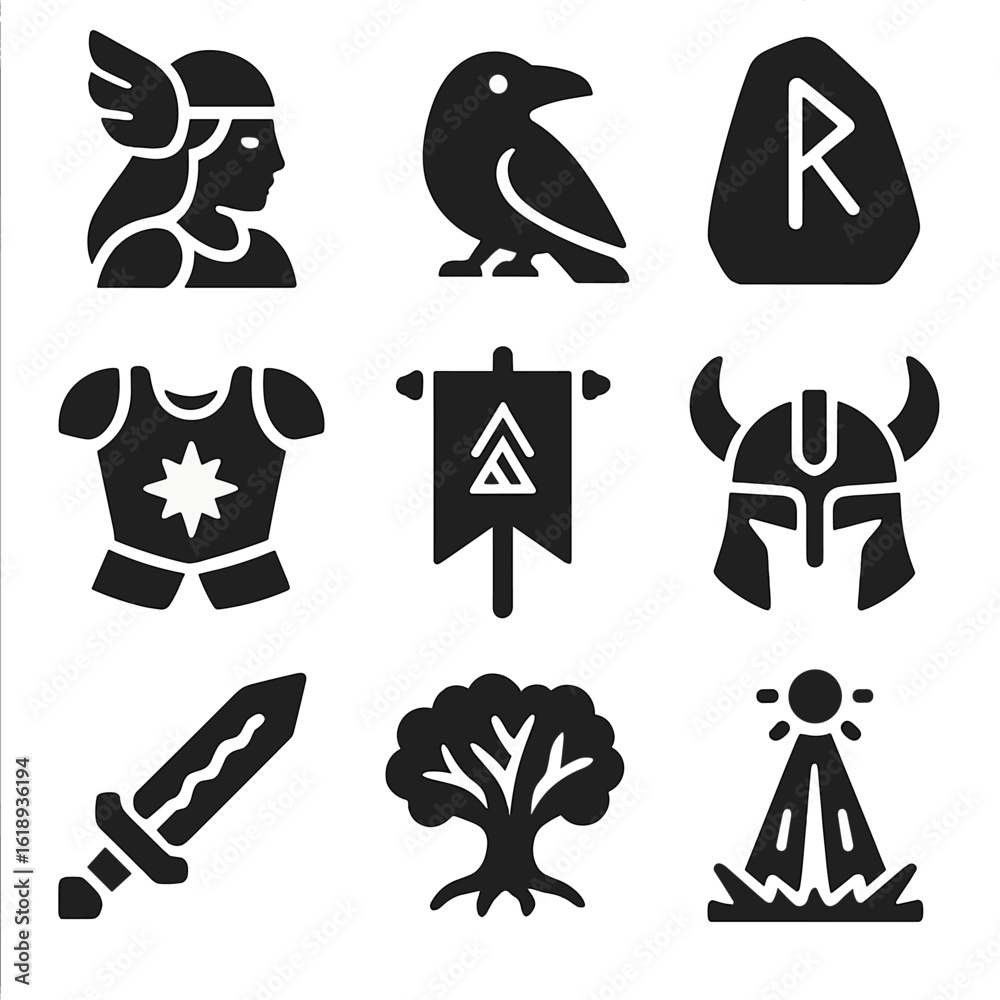 Norse Mythology Icon Set. Solid, filled icons set of Norse mythological warriors: Valkyrie icon, Odin’s raven, Norse Mythology Icon Set. Solid, filled icons set of Norse mythological warriors: Valkyrie icon, Odin’s raven,