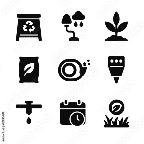 Sustainable Gardening Icons. Solid, filled icon set of sustainable gardening practices: compost bin, rain sensor, native plant,
