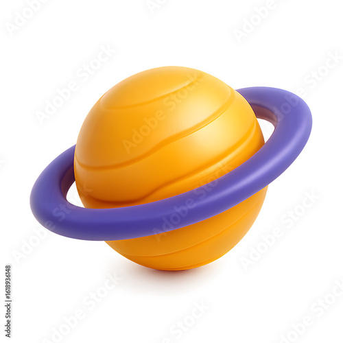 3D cartoon Saturn planet with purple ring in glossy toy style