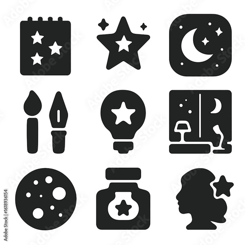 Nocturnal Inspiration Icons. Solid, filled icons set of artistic inspiration from night sky: sketchpad, star
