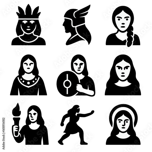 Norse Divine Women Icons. Solid, filled icons set of Norse divine women: crown of feathers, Valkyrie profile,