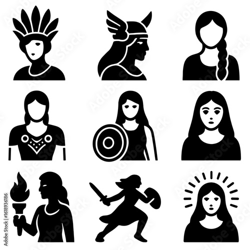 Norse Divine Women Icons. Solid, filled icons set of Norse divine women: crown of feathers, Valkyrie profile,
