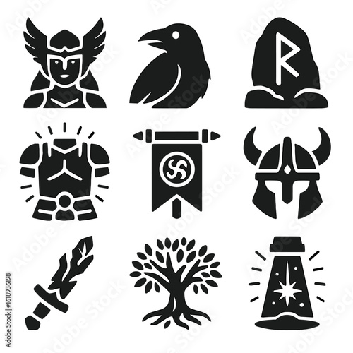 Norse Mythology Icon Set. Solid, filled icons set of Norse mythological warriors: Valkyrie icon, Odin’s raven,