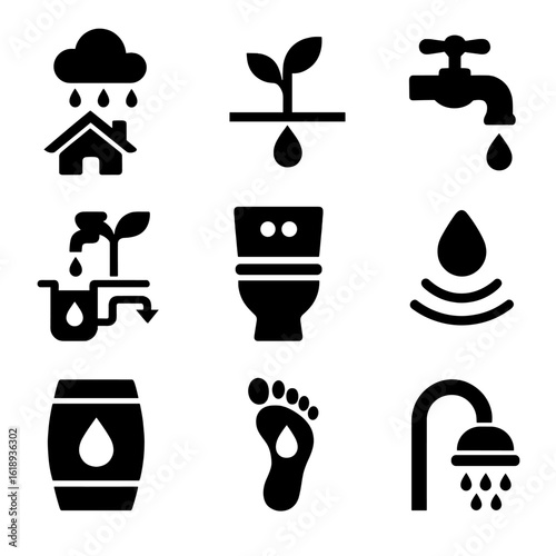 Sustainable Water Icons. Solid, filled icon set of sustainable water use: rain collection, drip irrigation, water-saving faucet,