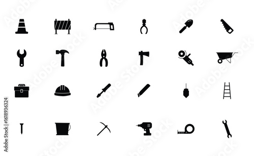 Construction icons black silhouette isolated on a transparent background.