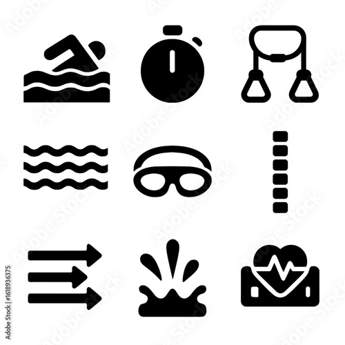 Swimming Training Icons. Solid, filled icon set of Swimming endurance training: swimmer, stopwatch, resistance bands, water waves,