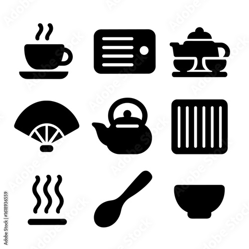 Tea Culture Icons. Solid, filled icon set of tea drinking culture: teacup, saucer, tea tray, tea set, tea ceremony fan, serving