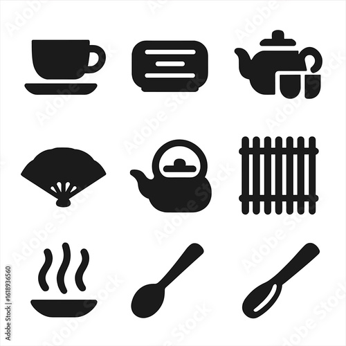 Tea Culture Icons. Solid, filled icon set of tea drinking culture: teacup, saucer, tea tray, tea set, tea ceremony fan, serving