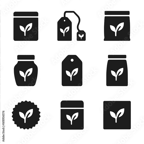 Tea Packaging Icons. Solid, filled icon set of tea packaging designs: tea tin, paper bag, string tag, foil pouch, glass jar, label