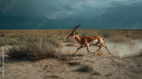 Swift antelope running through arid plains beneath dramatic stormy skies