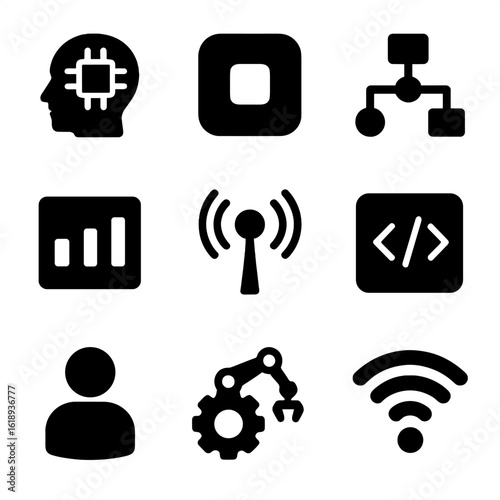 Technology A Icons. Solid, filled icon set of technology terms starting with A: AI (artificial intelligence), app, algorithm,