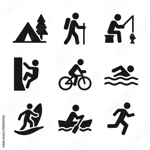 Outdoor Activity Icons. Solid, filled icon set of outdoor activities: camping, hiking, fishing, cycling, climbing, swimming,