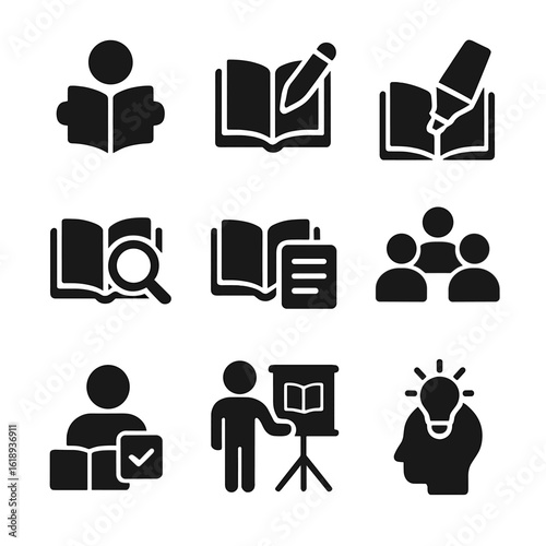 Textbook Learning Icons. Solid, filled icon set of textbook learning activities: reading, writing, highlighting, researching, note