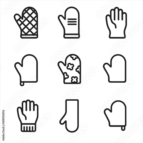 Oven Mitt Icon Set. Solid, filled icon set of oven mitt styles: quilted mitt, silicone mitt, leather glove, cotton mitt, patterned