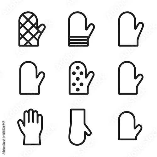 Oven Mitt Icon Set. Solid, filled icon set of oven mitt styles: quilted mitt, silicone mitt, leather glove, cotton mitt, patterned