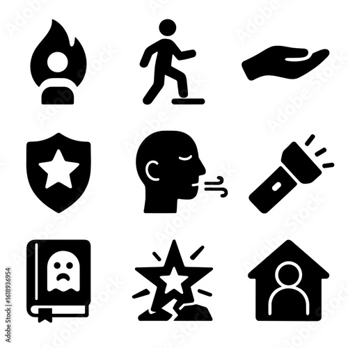 Overcoming Fear Icons. Solid, filled icons set of overcoming fear: courage flame, stepping forward, support
