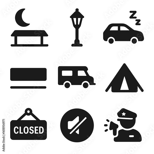 Overnight Rest Icons. Solid, filled icons set of overnight rest area scene: moon above rest area, dim