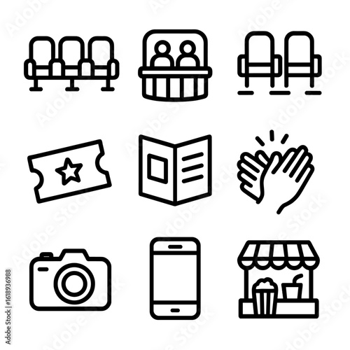 Theater Icons Set. Solid, filled icon set of audience and seating: theater seats, balcony, aisle, ticket, program booklet,