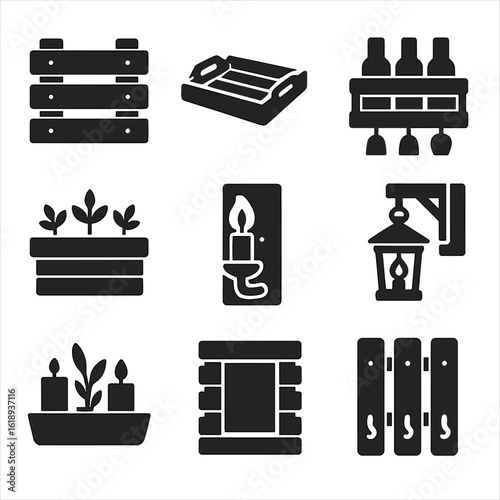 Pallet Wood Icons. Solid, filled icons set of reclaimed and pallet wood ideas: pallet shelf, rustic tray, wine