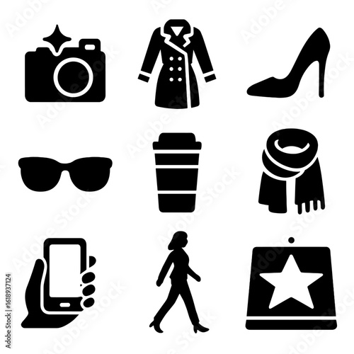 Paparazzi Icon Set. Solid, filled icons set of paparazzi-ready outfits: flash camera, trench coat, stiletto