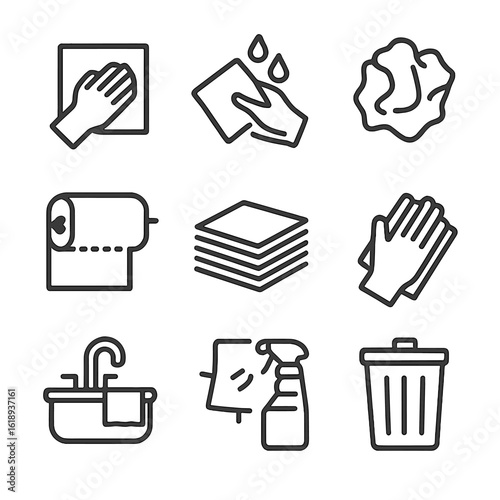Paper Towel Icons. Solid, filled icon set of Paper Towel usage: wiping surface, absorbing liquid, crumpled towel, roll holder,