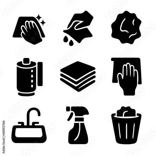 Paper Towel Icons. Solid, filled icon set of Paper Towel usage: wiping surface, absorbing liquid, crumpled towel, roll holder,