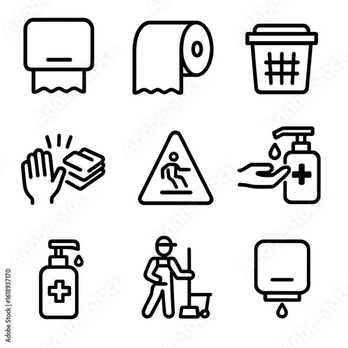 Paper Towel Icons. Solid, filled icon set of Paper Towel in public spaces: wall dispenser, paper towel roll, trash can, folded